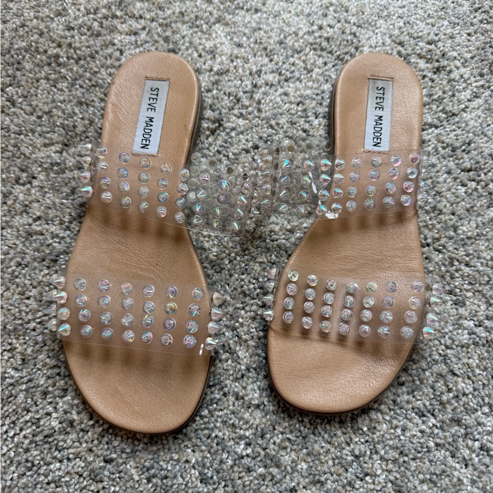 Steve Madden Clear Rhinestone Stud Slide Sandals Size 6 Iridescent